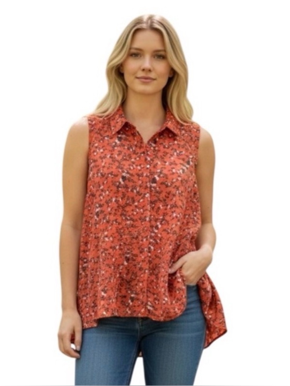 umgee sleeveless tunic orange cotton blend floral print blouse size small